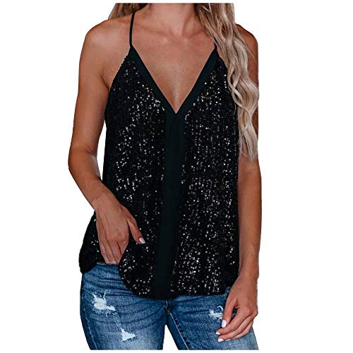 VJGOAL Camiseta sin Mangas para Mujer Verano Sexy Suelto Camisetas de Tirantes Correa de Espagueti Cuello en V Brillo Lentejuela Noche Camisola Casual Moda Color sólido Tops Chaleco de Fiesta