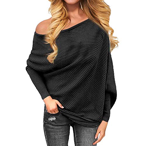 VJGOAL Moda Casual de Mujer Fuera de Hombros Tops Sexy Suelta Batwing Manga Larga de Camisa suéter (XL, Negro)