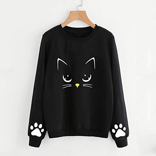 VJGOAL Mujeres Moda Casual Otoño e Invierno Lindo Gato impresión Suéter de Cuello Redondo de Manga Larga Color sólido Blusa Jersey(XL，Negro