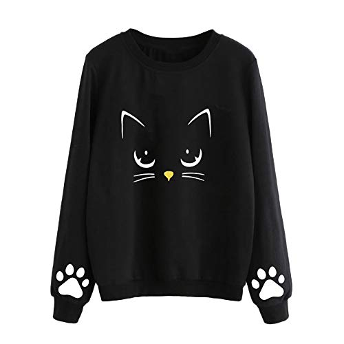 VJGOAL Mujeres Moda Casual Otoño e Invierno Lindo Gato impresión Suéter de Cuello Redondo de Manga Larga Color sólido Blusa Jersey(XL，Negro