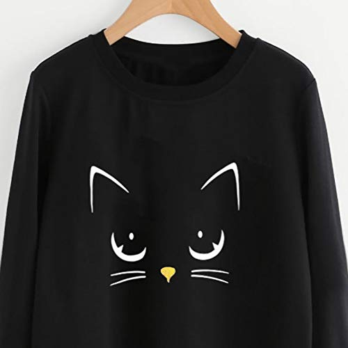 VJGOAL Mujeres Moda Casual Otoño e Invierno Lindo Gato impresión Suéter de Cuello Redondo de Manga Larga Color sólido Blusa Jersey(XL，Negro