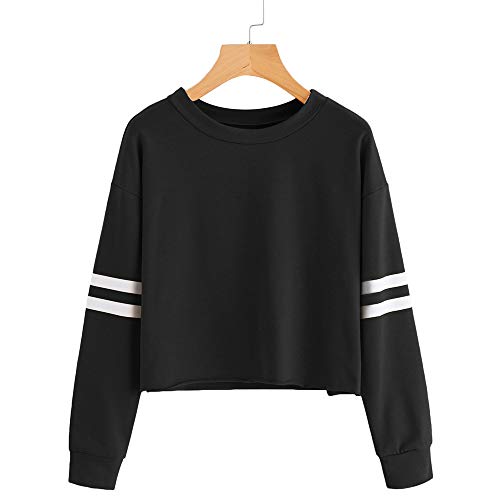 VJGOAL para Mujer de Moda Casual otoño Manga Larga de Color sólido Raya de impresión Cuello Redondo Sudadera Blusa Tops Pullover(M,Negro)