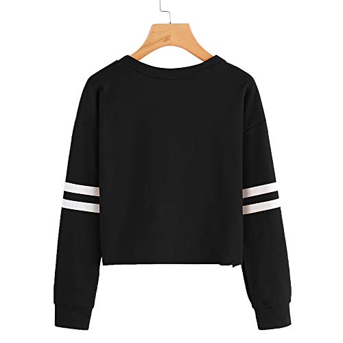 VJGOAL para Mujer de Moda Casual otoño Manga Larga de Color sólido Raya de impresión Cuello Redondo Sudadera Blusa Tops Pullover(M,Negro)