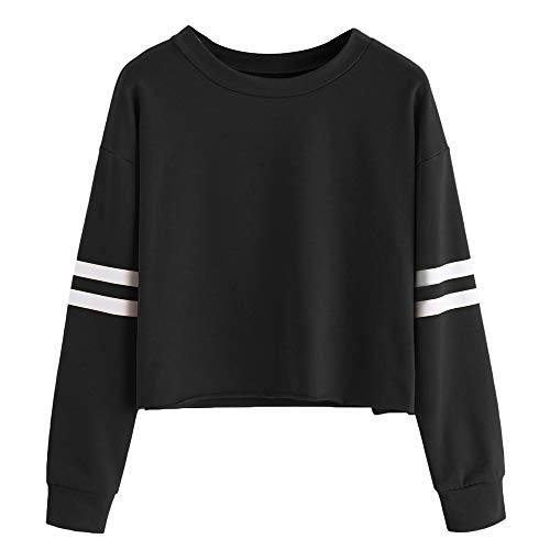 VJGOAL para Mujer de Moda Casual otoño Manga Larga de Color sólido Raya de impresión Cuello Redondo Sudadera Blusa Tops Pullover(M,Negro)