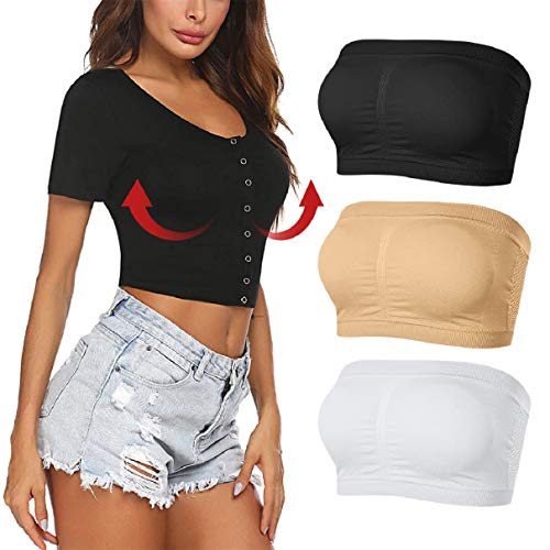 Voqeen 3Pcs Sujetador Bandeau Pare Mujer Sujetador Sin Tirantes Sujetador Invisible Sin Costuras Sujetador de Tubo Acolchado Inalámbrico