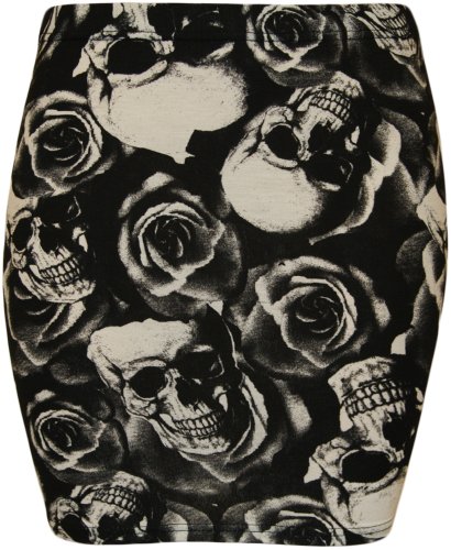 WearAll - Mujeres Stretch Bodycon Elásticos Imprimir Corta Jersey Minifalda - Calavera Rosas - 40-42