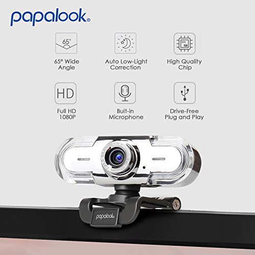 Webcam 1080P, Papalook PA452 de Alta Definición con Micrófono con Gran Apertura Compatible con Skype, MSN, Facebook, Google Hangouts, Webcam de USB Plug and Play, Web Cam para Ordenador, PC, etc