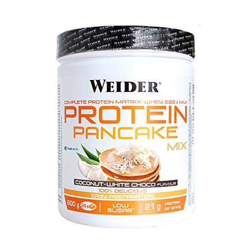 Weider Protein Pancake Mix Vainilla. Tortitas de harina de avena integral, enriquecidas con proteinas. Sabor Coco-Chocolate Blanco - 600 gr