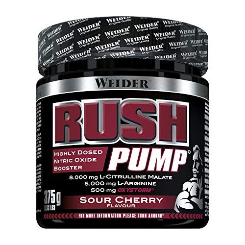 Weider Rush Pump Sour Cherry 375g. Pre-entreno sin cafeína ni creatina. Con L-Citrulina, L-Arginina, Oxystorm®, Ginko biloba y remolacha