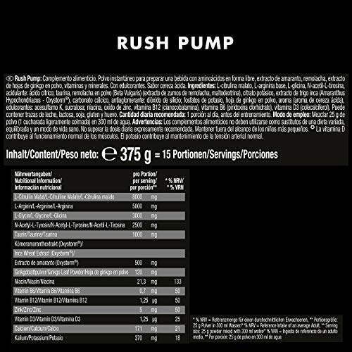 Weider Rush Pump Sour Cherry 375g. Pre-entreno sin cafeína ni creatina. Con L-Citrulina, L-Arginina, Oxystorm®, Ginko biloba y remolacha