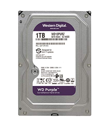 Western Digital WD Purple 1TB para videovigilancia - 3.5 pulgadas SATA 6 Gb/s disco duro con tecnología AllFrame 4K - 180TB/yr, 64MB Cache, 5400rpm - WD10PURZ