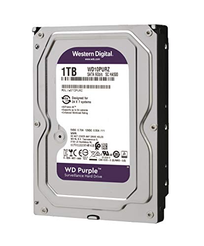 Western Digital WD Purple 1TB para videovigilancia - 3.5 pulgadas SATA 6 Gb/s disco duro con tecnología AllFrame 4K - 180TB/yr, 64MB Cache, 5400rpm - WD10PURZ