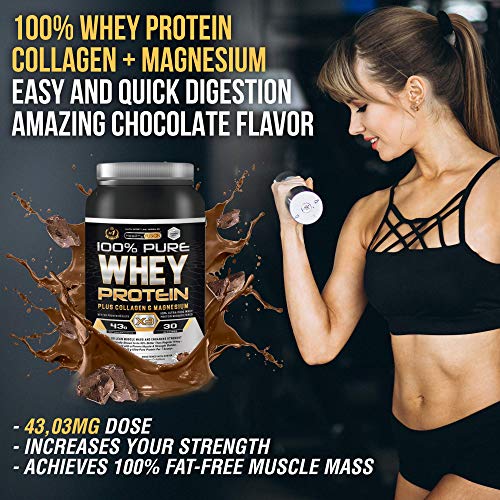 Whey Protein | Proteina whey pura con colágeno + magnesio | Tonifica y aumenta la masa muscular | Protege músculos y ayuda a la recuperación de los tejidos fibrosos | 1000g de proteína sabor chocolate