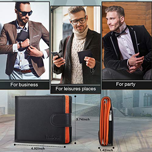 WILBEST Billetera de Hombre de Piel, Cartera RFID, Carteras Hombre con Monedero - Bloque 13.56 MHz, Cartera Personalizada Función de 4 en 1, Botón Diseño de Bolsillo con Cremallera, Negro Naranja