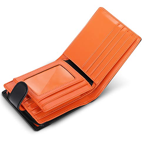 WILBEST Billetera de Hombre de Piel, Cartera RFID, Carteras Hombre con Monedero - Bloque 13.56 MHz, Cartera Personalizada Función de 4 en 1, Botón Diseño de Bolsillo con Cremallera, Negro Naranja