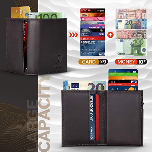 Wilbest® Cartera de Tarjetas, Cartera Hombre de RFID, Cartera Mini, Cera de Aceite de Capa Superior de Piel de Vaca - 10 x 7.3 x 2 cm, 1+2+6=9 Tarjetas (Marrón Negro)