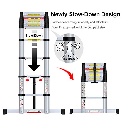 WolfWise Escalera telescópica de 3,8m con barra estabilizadora, multifunción, extensible, Carga Máxima 150 kg