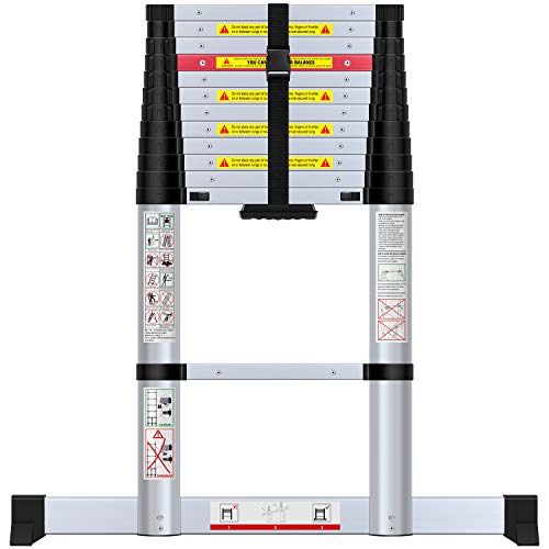 WolfWise Escalera telescópica de 3,8m con barra estabilizadora, multifunción, extensible, Carga Máxima 150 kg