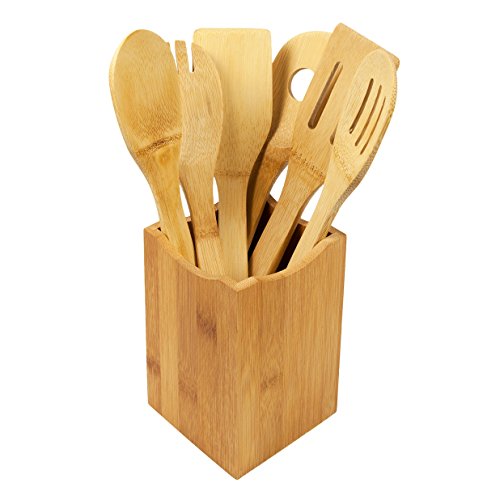 woodluv Juego de 6 Utensilios de Cocina de bambú con Soporte, marrón