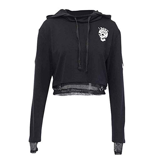 worclub Sudaderas con Capucha Recortadas de Malla con Estampado de Calavera y Estilo Punk gótico para Mujer