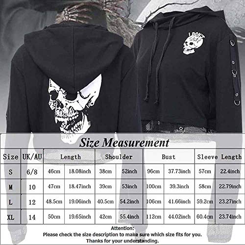 worclub Sudaderas con Capucha Recortadas de Malla con Estampado de Calavera y Estilo Punk gótico para Mujer