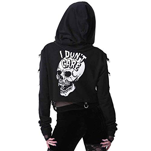 worclub Sudaderas con Capucha Recortadas de Malla con Estampado de Calavera y Estilo Punk gótico para Mujer