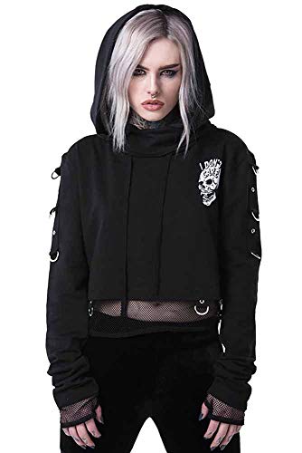 worclub Sudaderas con Capucha Recortadas de Malla con Estampado de Calavera y Estilo Punk gótico para Mujer