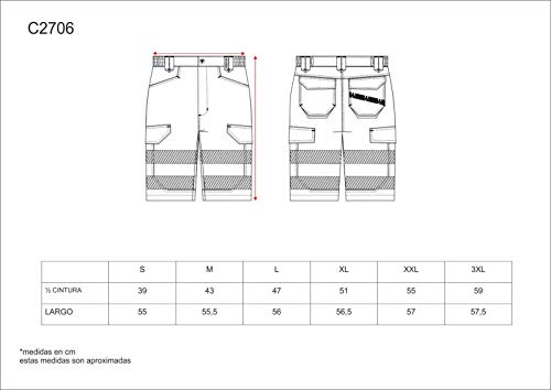 WorkTeam Pantalón Corto ó Bermuda Multibolsillos Combinado de Alta Visibilidad, con Cintas Reflectantes Discontinuas y Cintas Decorativas Personalizadas, Trabajo. Unisex Rojo+Gris Oscuro L