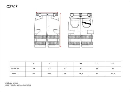 WorkTeam Pantalón Corto ó Bermuda Multibolsillos de Alta Visibilidad, con Cintas Reflectantes Discontinuas y Cintas Personalizadas, Trabajo. Unisex Negro L