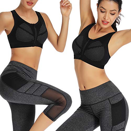 WOWENY - Sujetador deportivo con cremallera frontal y espalda cruzada acolchada de malla extraíble, alto impacto para yoga, gimnasio, entrenamiento, fitness Negro Negro ( M