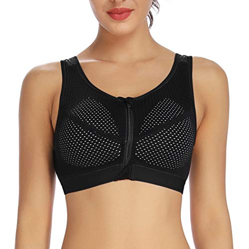 WOWENY - Sujetador deportivo con cremallera frontal y espalda cruzada acolchada de malla extraíble, alto impacto para yoga, gimnasio, entrenamiento, fitness Negro Negro ( M