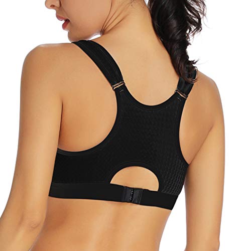 WOWENY - Sujetador deportivo con cremallera frontal y espalda cruzada acolchada de malla extraíble, alto impacto para yoga, gimnasio, entrenamiento, fitness Negro Negro ( M