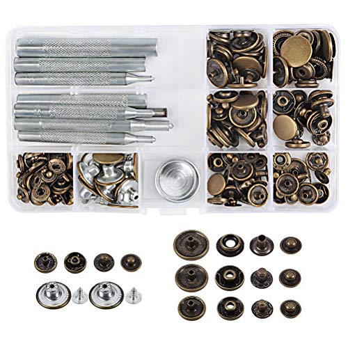 WOWOSS 50 Piezas Botones Metálicos a Presión y Conjunto Botón de Cuero para Botones de Presión de Cobre Remache Herramienta de Herramientas (plata, bronce)