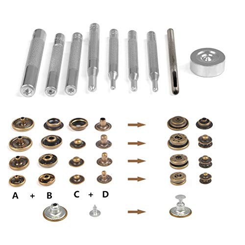 WOWOSS 50 Piezas Botones Metálicos a Presión y Conjunto Botón de Cuero para Botones de Presión de Cobre Remache Herramienta de Herramientas (plata, bronce)