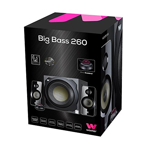 Woxter Big Bass 260 - Altavoces 2.1 (150W,Subwoofer de Madera,Control de Volumen con Cable y Doble conexión. Ideal para TV, PC y videoconsolas), Color Negro