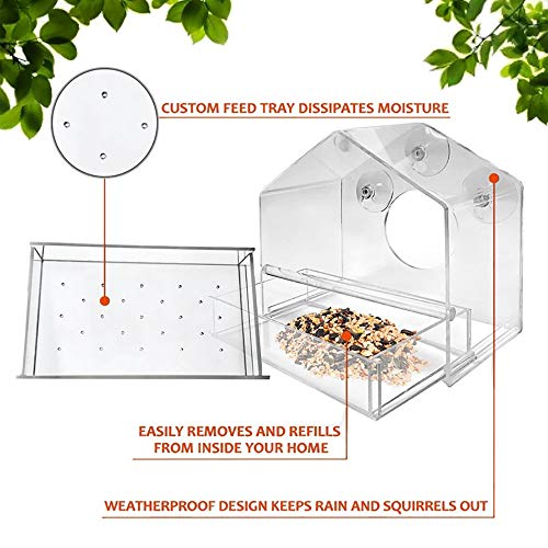 WSXD Alimentador de pájaros, semilla Grande de acrílico Transparente Ventana de la conversación del alimentador del pájaro de la Bandeja extraíble Fuertes ventosas y Birdfeeders al Aire Libre for Las