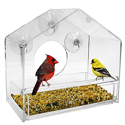 WSXD Alimentador de pájaros, semilla Grande de acrílico Transparente Ventana de la conversación del alimentador del pájaro de la Bandeja extraíble Fuertes ventosas y Birdfeeders al Aire Libre for Las