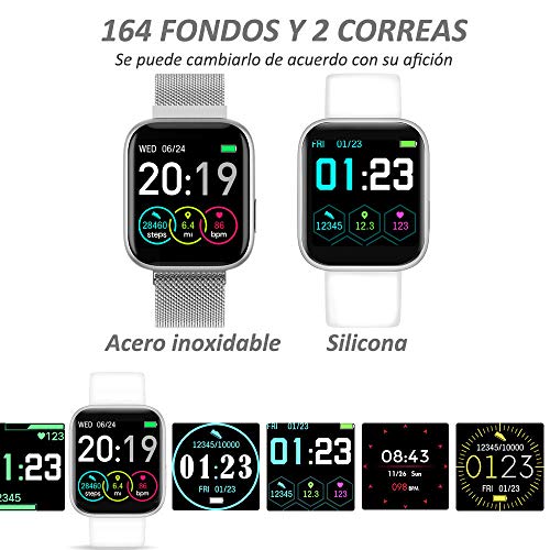 WWDOLL Smartwatch, Reloj Inteligente IP67 con Monitor Rítmo Cardíaco Sueño Podómetro Notificaciones, Reloj Deportivo 1.4 Inch Pantalla Táctil Completa Hombre Mujer para iOS y Android (Plata)