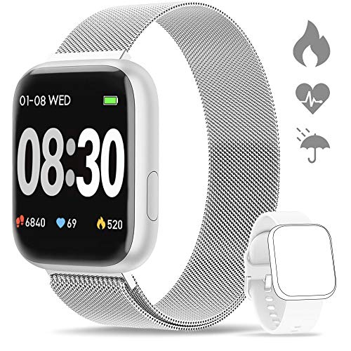 WWDOLL Smartwatch, Reloj Inteligente IP67 con Monitor Rítmo Cardíaco Sueño Podómetro Notificaciones, Reloj Deportivo 1.4 Inch Pantalla Táctil Completa Hombre Mujer para iOS y Android (Plata)