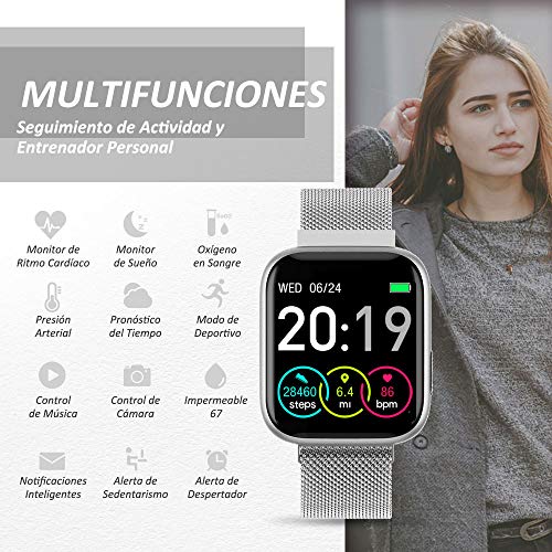 WWDOLL Smartwatch, Reloj Inteligente IP67 con Monitor Rítmo Cardíaco Sueño Podómetro Notificaciones, Reloj Deportivo 1.4 Inch Pantalla Táctil Completa Hombre Mujer para iOS y Android (Plata)