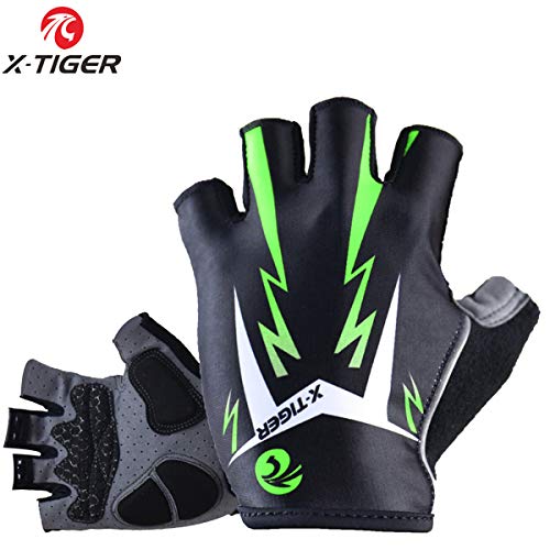 X-TIGER Guantes Ciclismo MTB Dedo Medio Guantes Bici Respirable Reflectante 3D Gel Almohadilla para Hombre (Verde,L)