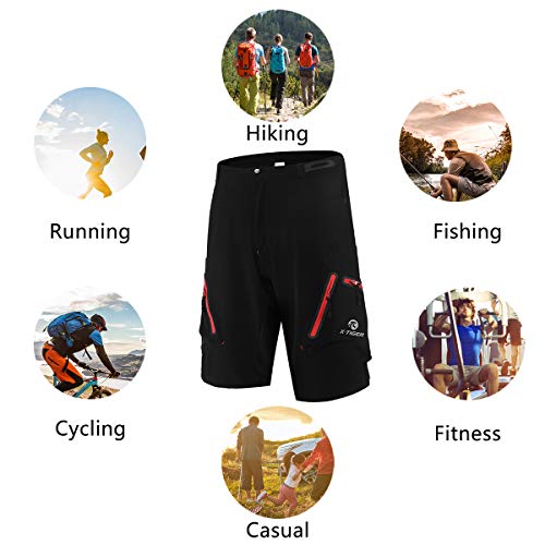 X-TIGER Pantalones Cortos de Montaña Ciclo Holgados de Hombres, Transpirables Sueltos, para MTB de los Deportes al Aire Libre (L, Negro y Rojo)