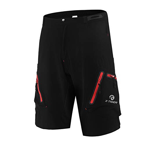 X-TIGER Pantalones Cortos de Montaña Ciclo Holgados de Hombres, Transpirables Sueltos, para MTB de los Deportes al Aire Libre (L, Negro y Rojo)