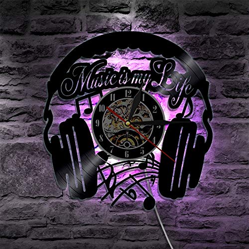 xcvbxcvb 1 Pieza Music Is My Life música inspiradora lámpara de Pared Moderna Disco de Vinilo Reloj de Pared Rock N Roll Auriculares de música lámpara de Pared LED