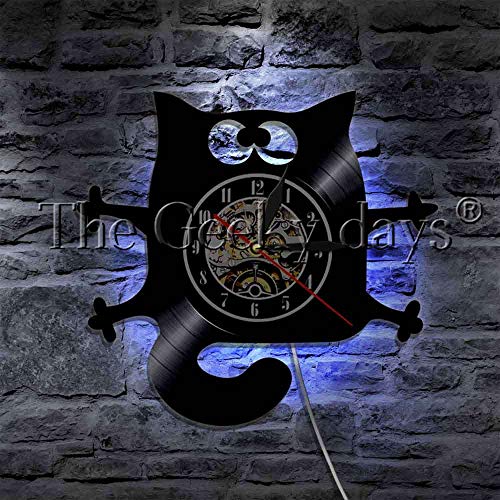 xcvbxcvb Linda y Encantadora Mascota diseño de Gato Negro lámpara de Pared LED Disco de Vinilo Reloj de Pared Gatito iluminación Decorativa lámpara de Pared Moderna