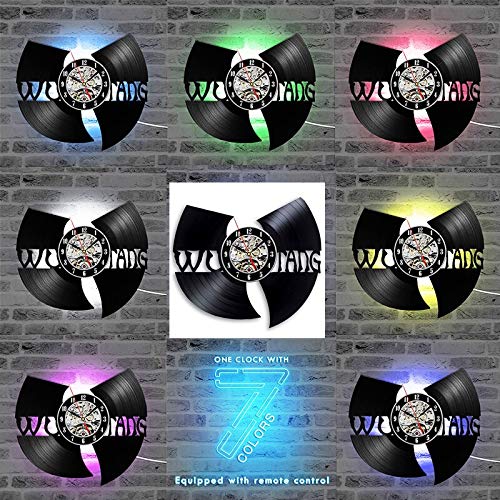 xcvbxcvb Reloj de Pared con Disco de Vinilo diseño Moderno WuTang Clan Hip-Hop Band Popular CD Record LED Reloj 7 Colores Que cambian el Reloj de Pared Regalo para fanáticos