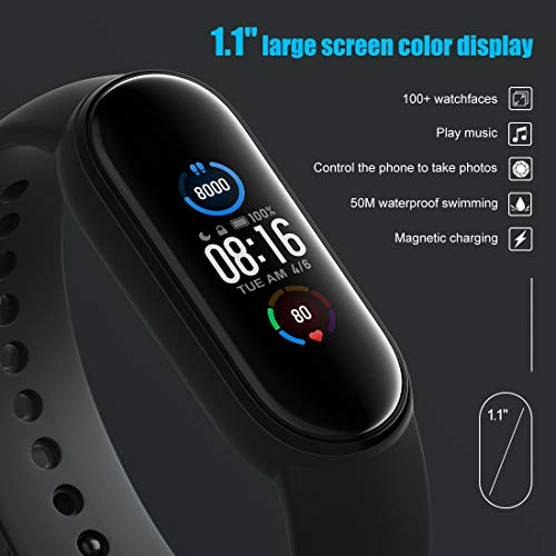 Xiaomi Band 5 Pulsera de Actividad Inteligente, Fitness Tracker, Monitor de Ritmo Cardíaco, Smartwatch con 1.1''Pantalla AMOLED a Color,100+ diales de Temas, 11 Modos Deportivos, Negro