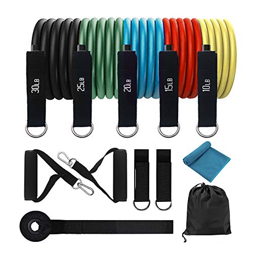 XIAPIA Bandas Elásticas de Resistencia 12 Kit 45,5 KG Cintas Elasticas Fitness Musculacion Gomas para Ejercicio Entrenamiento Crossfit Deporte Gym Mujer y Hombre 5 Tubos de Látex/Toalla