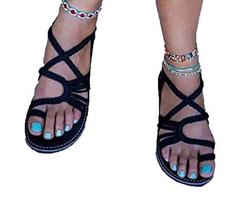 Xnhgfa Sandalias de Cuerda de Cáñamo para Mujer, Zapatos de Playa para Verano Tejidas Correa Moda Playa Zapatillas Antideslizante Retro Romanas Sandalias Casuales,Negro,39