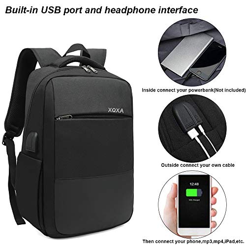 XQXA Mochila Unisex Impermeable para Ordenador Portátil de hasta 15.6 Pulgadas, con Puerto USB, Conector para Auriculares y Bolsillo Antirrobo. para los Estudios, Viajes o Trabajo - Negro